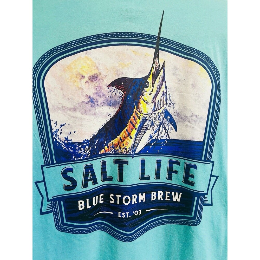 NWT Salt Life Mens L Blue Storm Brew Marlin T Shirt Aruba Blue Pocket Fishing